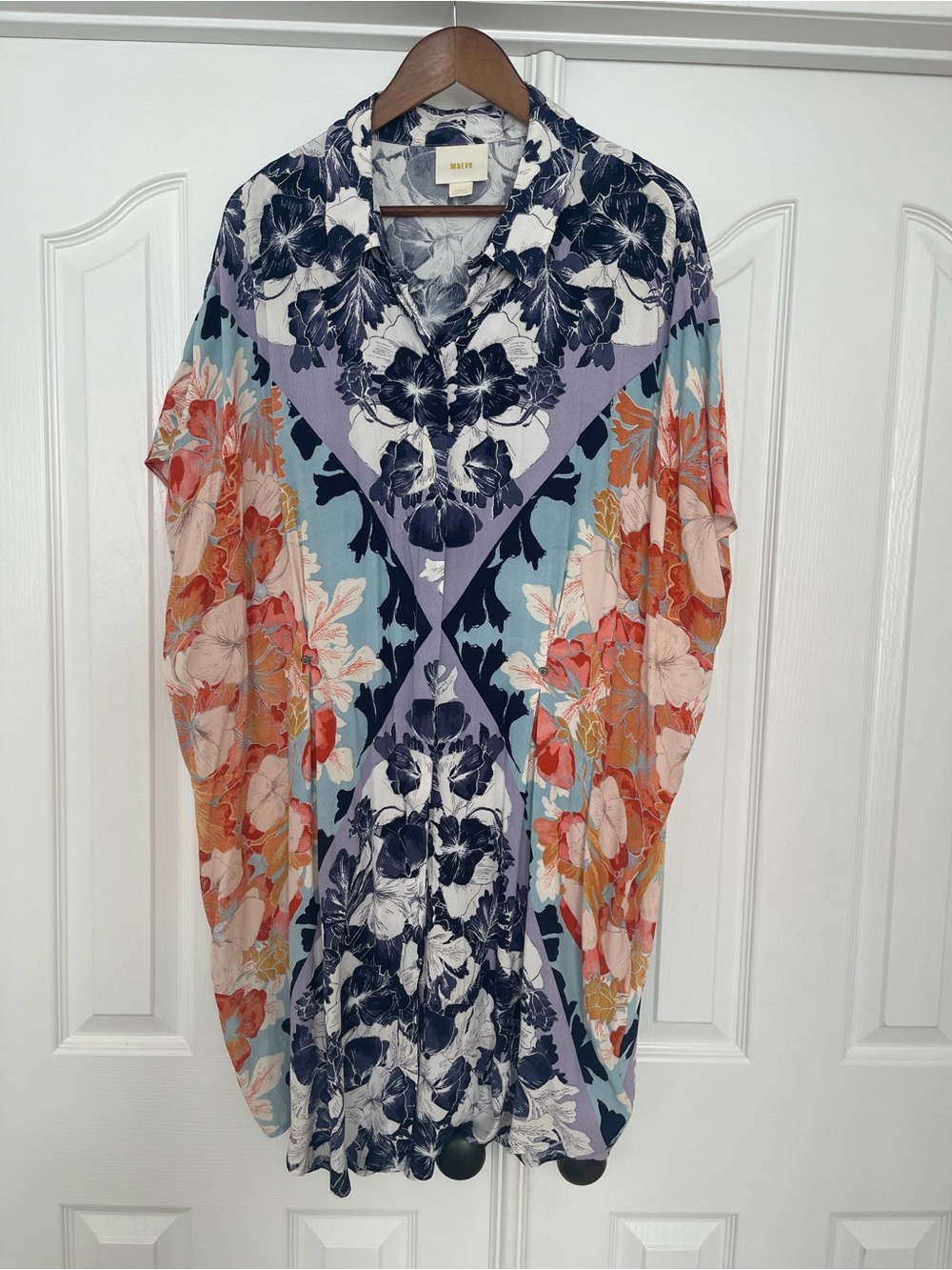 Maeve Floral V-Neck Tunic in Navy, Coral, Light Blue & Cream button up dress